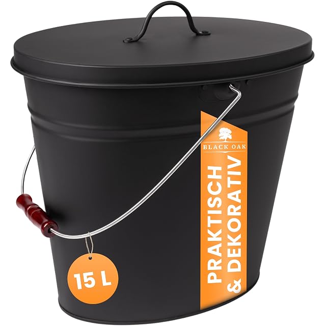 Seau à cendres ovale noir mat de 20 litres, à fond surélevé, poignée bois et couvercle ajusté