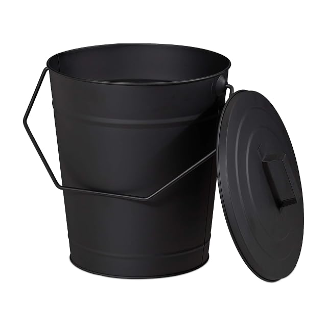 Seau à cendres en acier thermolaqué noir avec couvercle, pour refroidir et transporter la cendre chaude