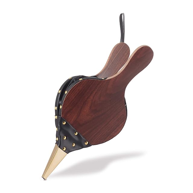 Soufflet de cheminée noir et brun à clous décoratifs dorés et passant de suspension