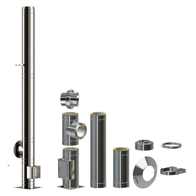 Kit de cheminée inox double paroi poli brillant de 120 millimètres de diamètre intérieur et 3,7 mètres de long