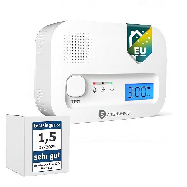 Détecteur de monoxyde de carbone Smartwares blanc, avec un écran numérique et un bouton de test central