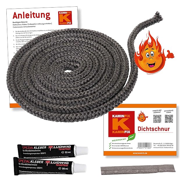 Kit de réparation de porte de poêle : cordon en tissu de verre de 2,5 mètres, deux tubes de 20 ml de colle et un embout d’extrémité