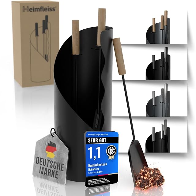 Serviteur de cheminée noir à manches en bois posé sur une base silicone autocollante