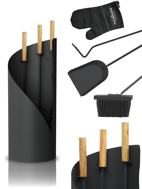 Serviteur de cheminée gris-noir cinq pièces à manches en bois avec gant de poêle inclus