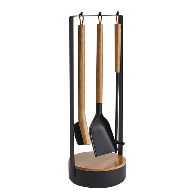 Serviteur de cheminée quatre pièces en acier noir et bois clair à socle de rangement pour allume-feux