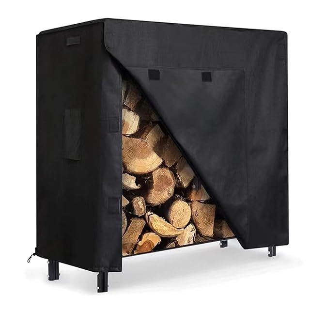 Housse ajustée noire pour rangement à bois en toile Oxford 210D avec ouvertures d’aération latérales