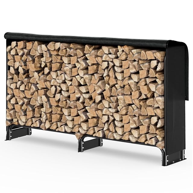 Rangement à bois d’extérieur en acier thermolaqué noir de deux mètres avec bâche de protection imperméable