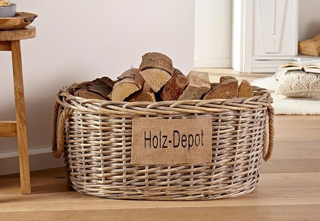 Panier de rangement en osier chaulé gris doublé de jute, soixante centimètres de long et vingt-huit de haut