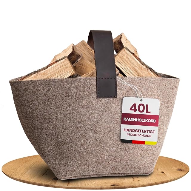 Panier à bûches en feutre de laine beige de 40 litres à poignée en cuir véritable et corps carré
