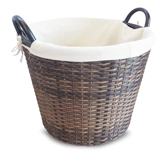 Panier à bûches en polyéthylène tissé brun sur armature métallique thermolaquée avec doublure en tissu