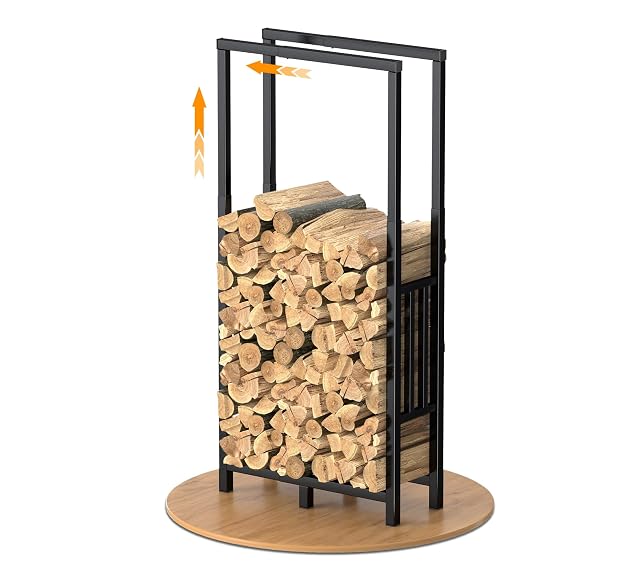 Rangement à bûches métallique réglable à pieds caoutchouc et base surélevée pour le bois de chauffage