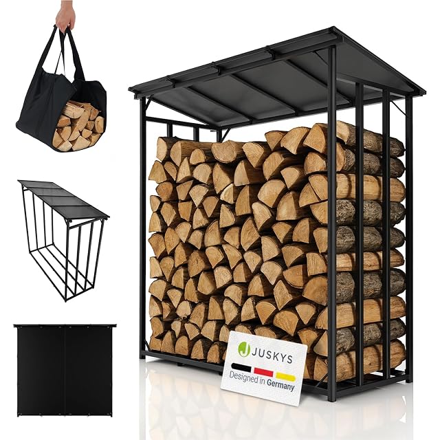 Abri à bûches extérieur en aluminium à bâche déperlante contenant 2,4 mètres cubes de bois de chauffage
