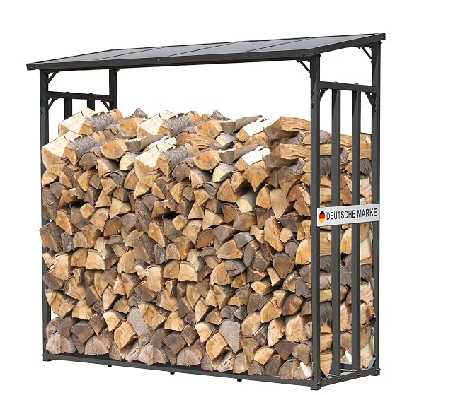 Grand abri à bûches en acier anthracite à toit polycarbonate incliné, 185 centimètres de large