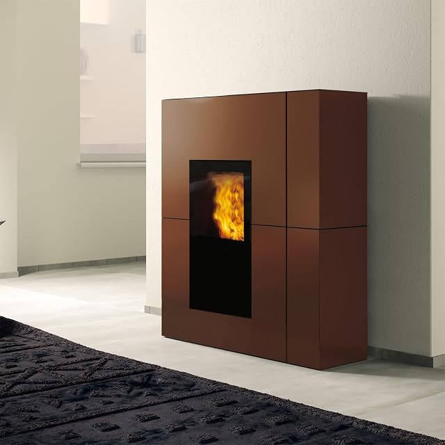 Poêle à granulés bouilleur EdilKamin Blade2 H18 Up en acier bronze, à vitre de foyer verticale étroite