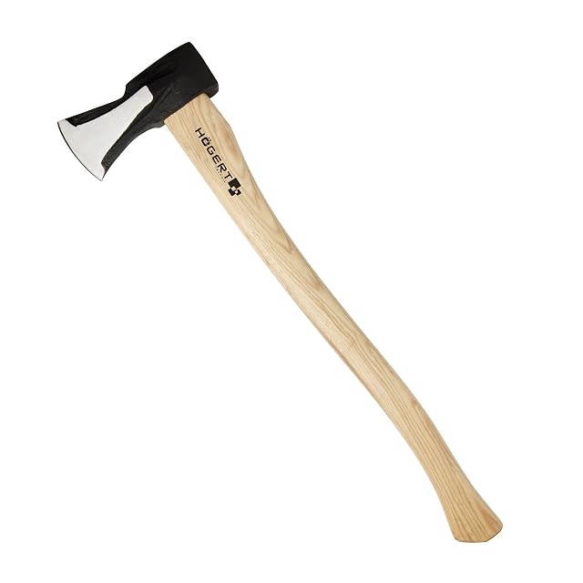 Hache à fendre à tête en acier trempé noire sur manche hickory verni