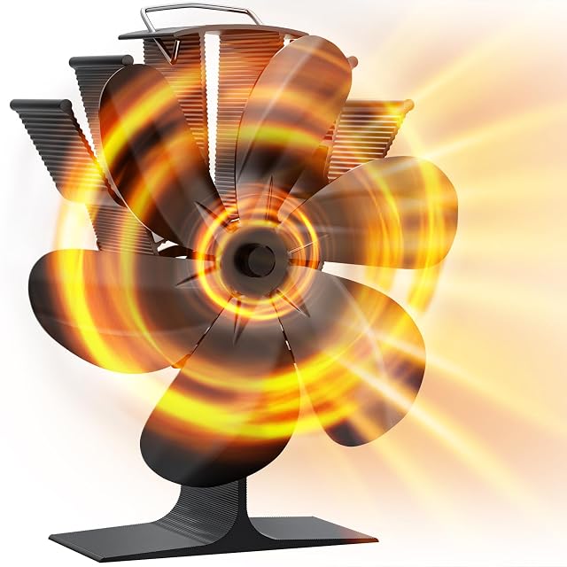 Ventilateur de poêle DZKKIUR noir à six pales en aluminium, posé sur un dessus de poêle