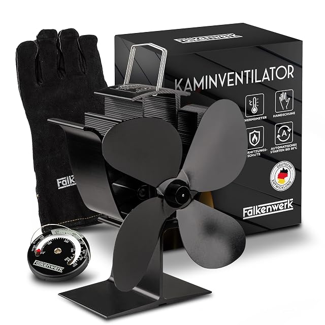 Ventilateur de poêle Falkenwerk noir, livré avec un thermomètre de poêle magnétique rond et un gant résistant à la chaleur