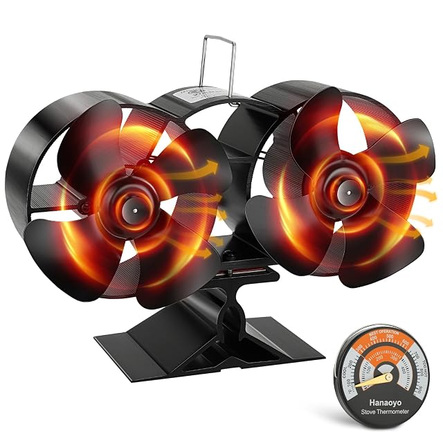 Ventilateur de poêle Hanaoyo en aluminium anodisé, à huit pales sur deux moteurs, avec un thermomètre de poêle magnétique