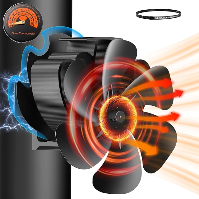 Ventilateur de poêle magnétique Hjh noir fixé sur un tuyau de fumée vertical, avec un thermomètre magnétique à côté