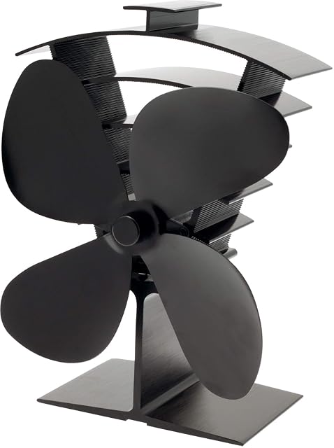 Ventilateur de poêle Valiant Premium 4 noir et compact, à quatre pales sur un corps bas en aluminium