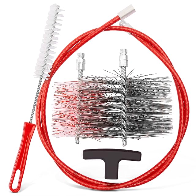 Kit de nettoyage pour poêle et granulés avec deux brosses de conduit, un câble souple et une poignée M12