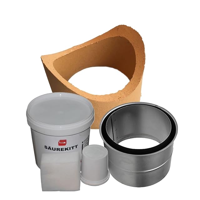 Kit de raccordement de cheminée avec buse en chamotte, manchon de traversée, ciment acide, éponge et doseur