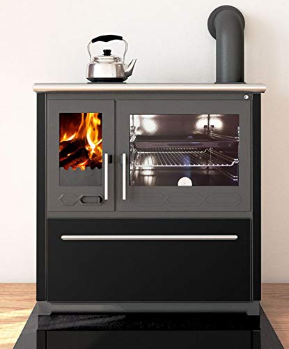 Cuisinière à bois à feu continu émaillée noire, à grand foyer en fonte et four émaillé