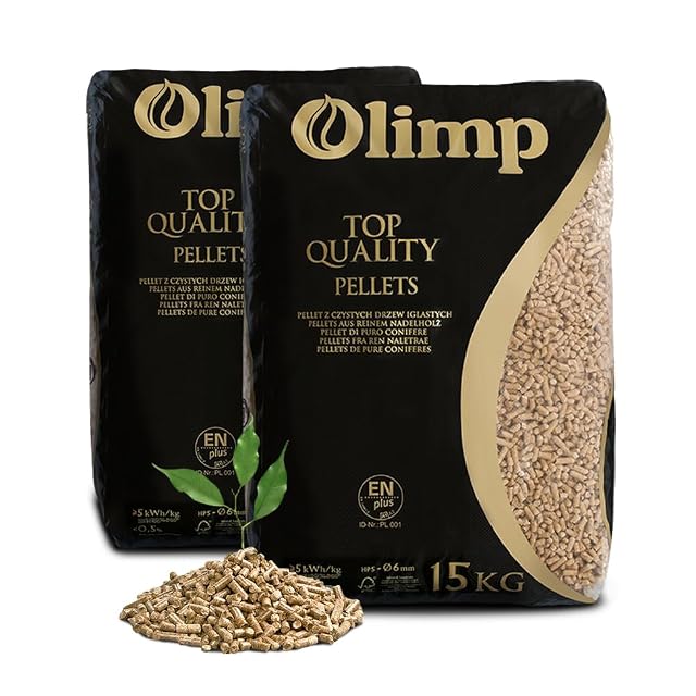 Deux sacs de 15 kg de granulés de bois premium Olimp de 6 mm en emballage étanche aux intempéries
