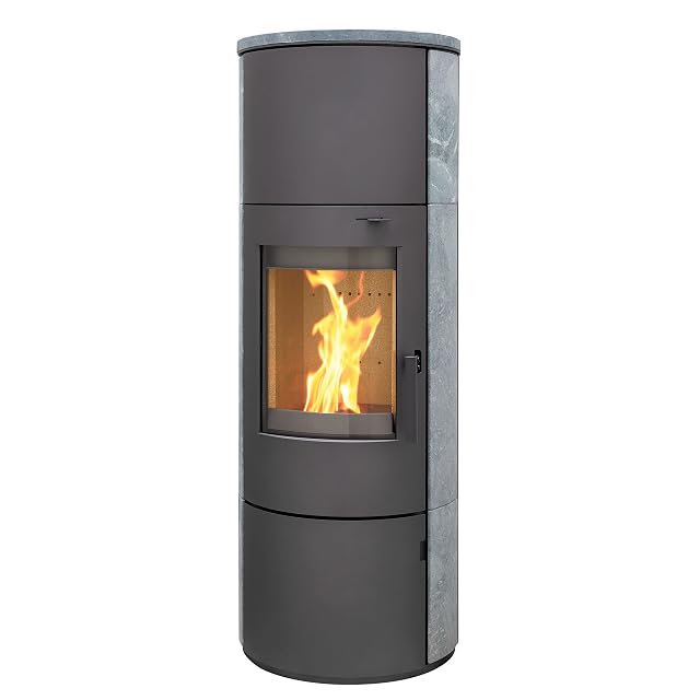 Poêle à bois Thermia München XL rond gris fonte, habillé de stéatite, à grande porte vitrée galbée